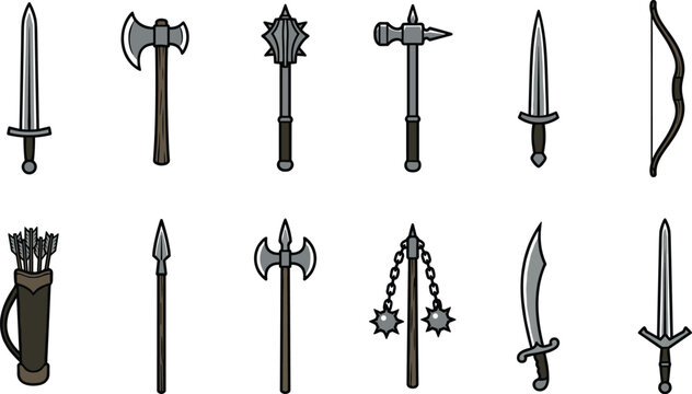 Medieval cartoon weapons illustration set
