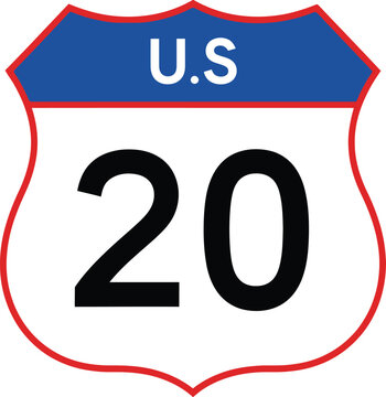 US Route 20 Highway Sign Isolated on White Background for Transportation Design