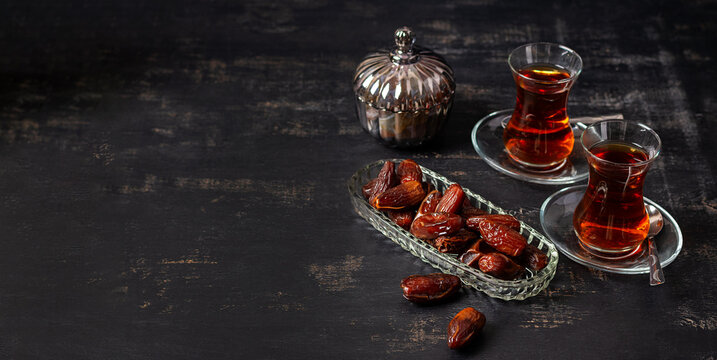 Healthy Natural Snack with Dates and Black Tea. Banner
