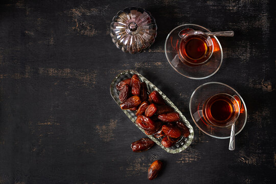 Gourmet Dates Served with Traditional Tea. Top view