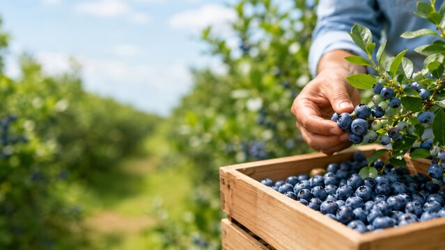 Man farmer picking fresh ripe blueberry from bush into wooden crate at field. Agricultural worker harvesting organic berry crop in farm garden. Sustainable food production and gardening.
