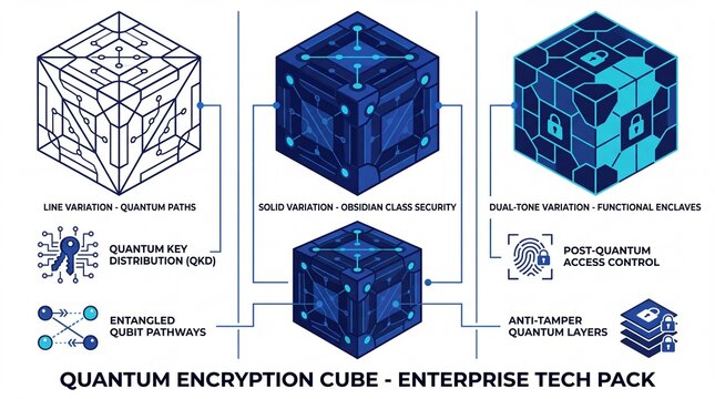 Quantum Encryption Cube - Enterprise Tech Pack, a comprehensive vector illustration set for cybersecurity and data protection, featuring quantum key distribution, entangled qubit pathways