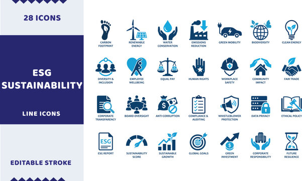 ESG sustainability vector icons. Environmental social and corporate governance line signs set. Green compliance icon