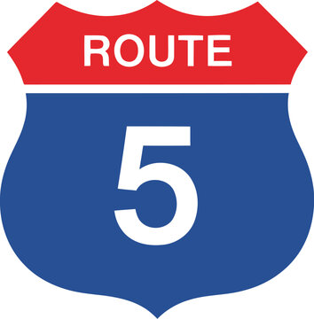 Route 5 highway sign icon, blue and red interstate road symbol, vector illustration