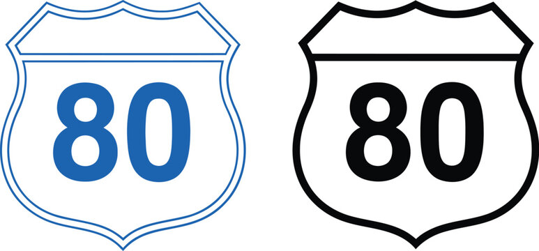 Highway Route 80 Road Sign Vector Icons in Blue and Black Outline Style