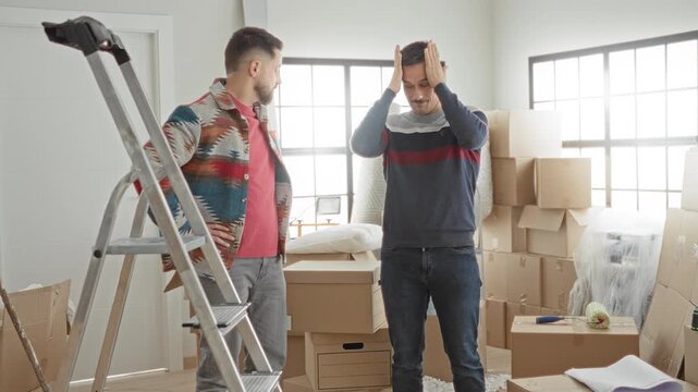 Two men moving stacked boxes and a ladder, one holding head with hands inside a building; relocation stress.