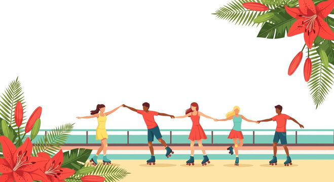 Summer people roller skating on beach boardwalk with floral frame