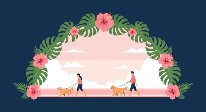 Summer tropical frame with people walking dogs on the beach