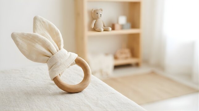 Wooden bunny teether with fabric ears in a bright minimalist nursery room