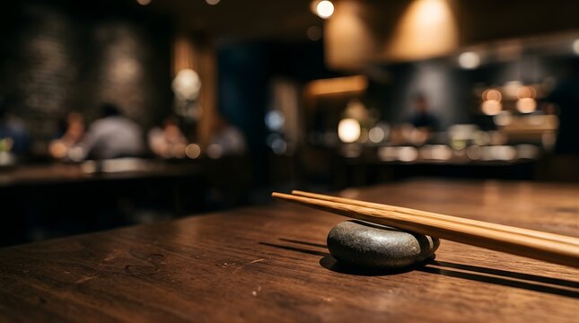 Wooden chopsticks on a stone rest at a blurred Japanese restaurant table
