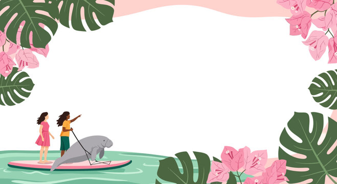Summer tropical background with paddleboarding people and manatee