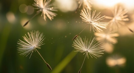 Obraz premium Dandelion seeds floating in warm sunlight.