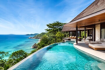 Obraz premium Beautiful Tropical Luxury Resort with Ocean View Premium Travel Destination and Vacation Paradise