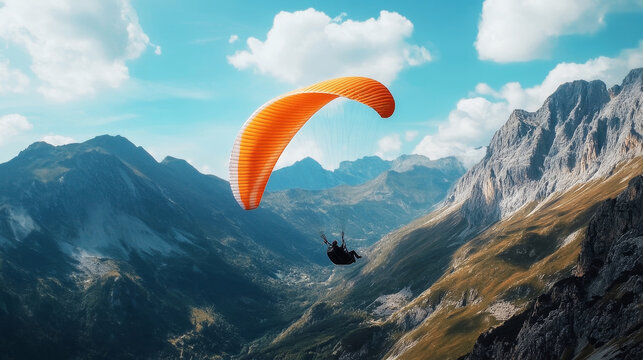 Lone paraglider soaring with an orange wing over a rugged mountain range and deep valley under a bright sky