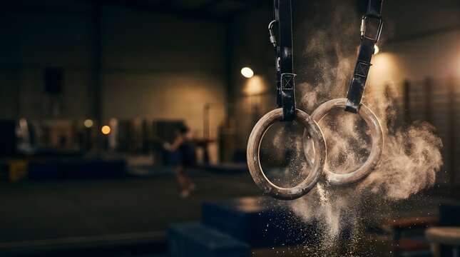 Wooden gymnastics rings with chalk dust clouds in an indoor gym arena