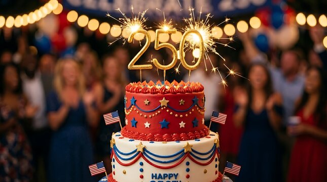 Festive patriotic 250th anniversary cake with glowing sparklers.
