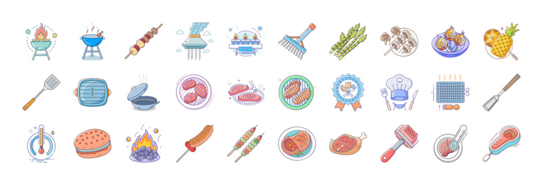Colorful food icons with fire and steam effects - Bright, playful vector icons of food items like pizza, burger, and sushi with fire and steam effects for a dynamic, appetizing look.
