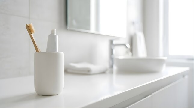 Wooden toothbrush and toothpaste in a cup on a bright modern bathroom vanity