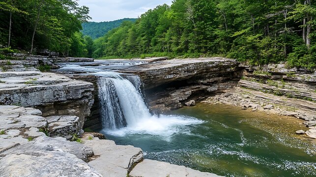 Scenic waterfall cascading over layered limestone rock formations in a lush green forest landscape