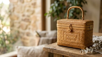 Obraz premium Woven rattan basket bag sitting on a wooden table in a rustic interior