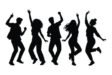 Fototapeta premium Group of five friends dancing and celebrating vector silhouette graphic