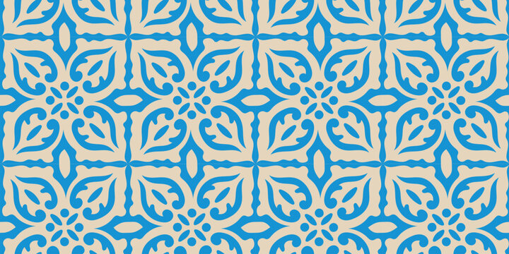 Blue and cream tunisian geometric pattern with floral motifs. Repeating design suitable for backgrounds or textiles. Clean, symmetrical layout ideal for modern decor projects