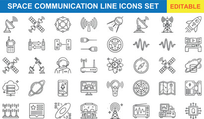 Space Communication Line Icons Set – Satellite Dish, Telemetry Signal, Global Network, and Aerospace Radio Vector Outline Icons Pack © MdShamimAhmed