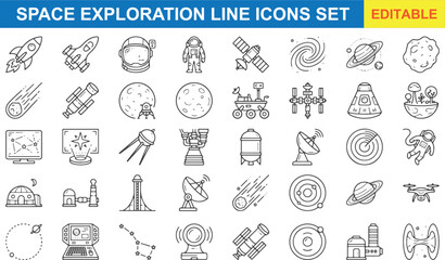 Space Exploration Line Icons Set – Rocket Ship, Astronaut Helmet, Planet Universe, and Cosmic Science Vector Outline Icons Pack © MdShamimAhmed