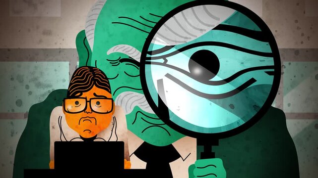 micromanaging boss watching a frightened office employee through a giant magnifying glass