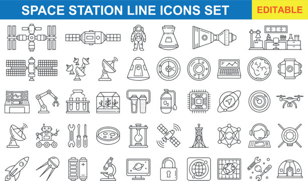Space Station Line Icons Set &ndash; ISS Satellite, Astronaut Suit, Spacecraft Capsule, and Cosmic Science Vector Outline Icons Pack