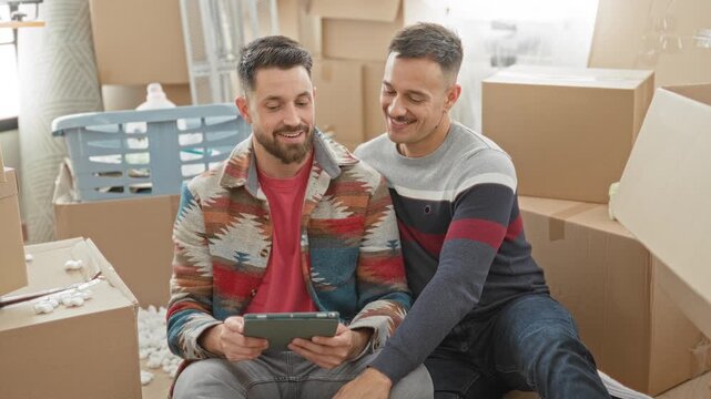 Two men sit among cardboard boxes holding a tablet while one points finger and the other touches arm, both smiling, in a building; moving day joy.