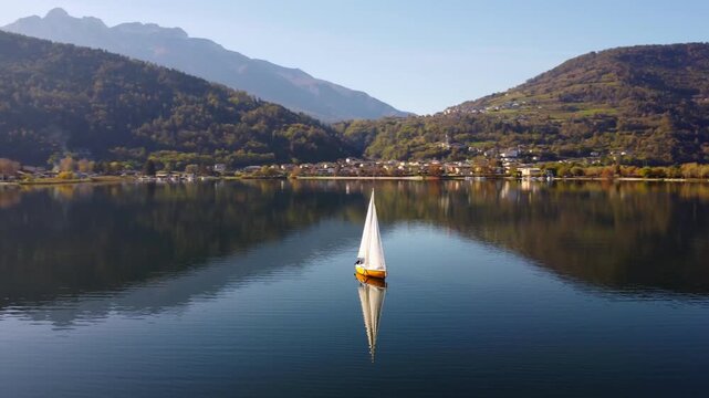 Aerial 4K drone orbiting a sailboat on scenic Lake Caldonazzo, surrounded by the majestic Trentino mountains with stunning reflections on the water surface.