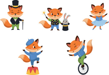 Fototapeta premium Adorable little fox talent show performers collection with funny woodland puppy characters doing carnival stage entertainment tricks template