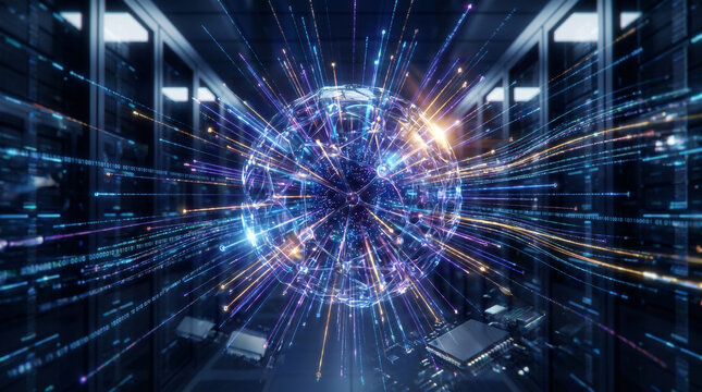 Futuristic glowing core of digital nodes and neural networks representing the rapid growth of AGI superintelligence and agentic AI. Highly detailed high-tech stock photo.