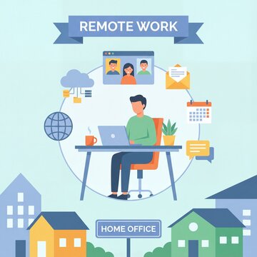Remote Work Home Office Illustration with Laptop and Cloud Technology.