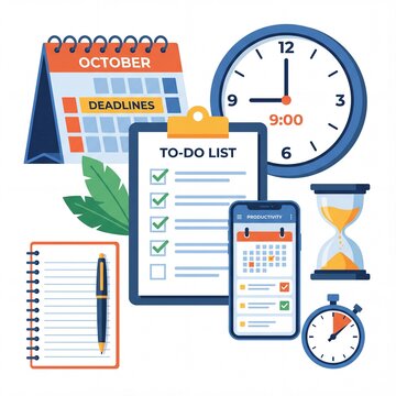Organized Workspace with Calendar Clock and Digital Devices for Productivity.