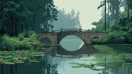 Fototapeta premium Pixelated stone bridge with reflection over serene water, lush greenery, and a misty background