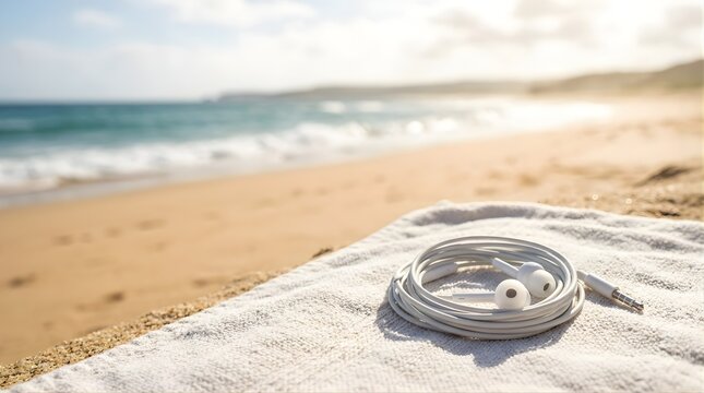 White wired earphones coiled on a towel on a sunny tropical beach