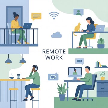 Remote Work Illustration Showing Diverse Professionals Using Technology.