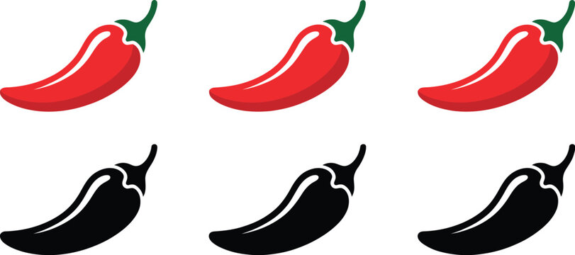 Chili, pepper icons set, red and black hot pepper silhouettes representing spicy cuisine restaurant branding food seasoning and culinary ingredient concepts.
