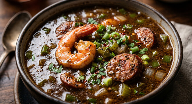 A hyper-realistic macro food photograph focusing on the surface of a bowl of seafood gumbo. The focus is sharp on the dark, mahogany-colored roux-based sauce that has a high-gloss, opaque sheen. Float