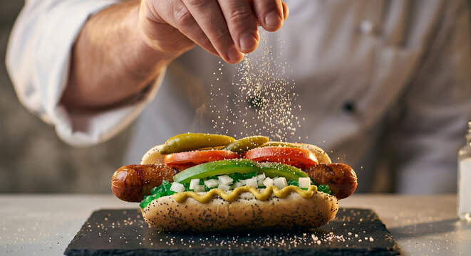 A dynamic action shot of a chef finishing a Chicago dog with a precise, airborne dusting of celery salt. The tiny, crystalline grains are captured mid-air,