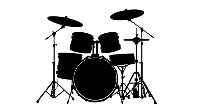 Black and white drum set with cymbals on stand.