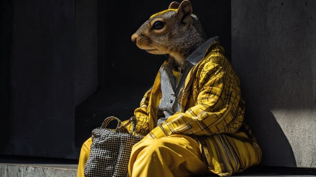 A squirrel in a stylish yellow coat, grey shirt, and plaid bag sits patiently