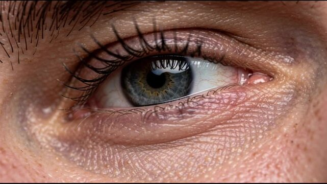 Closeup of blue eye blinking slowly.