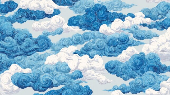 Swirling, stylized clouds in shades of blue and white against a pale sky