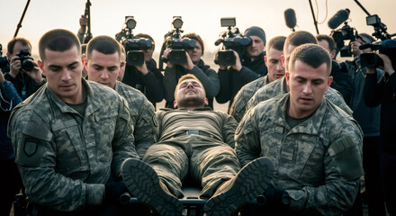 Naklejka premium Soldiers carrying injured man on stretcher while journalist film event with video camera for news report on conflict or war.