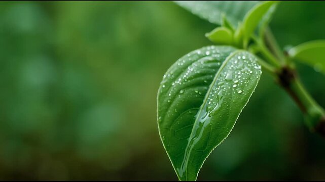 Green leaf with water droplets closeup.