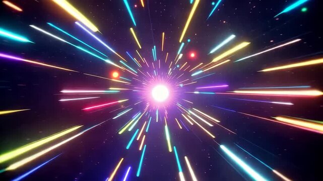 Vibrant colorful neon light trails radiating from bright central point in space