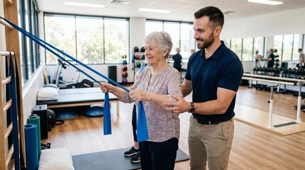Naklejka premium Physical therapist helping senior woman exercise with resistance band